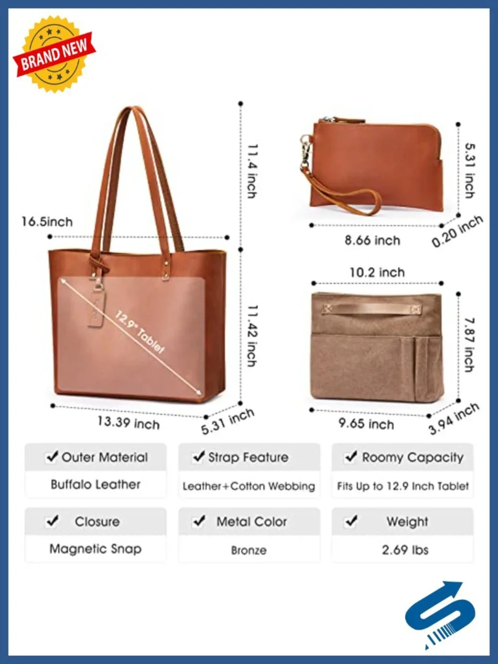 Top Grain Crazy Horse Leather 3-Piece Tote Set with Shoulder Bag, Pouch, and